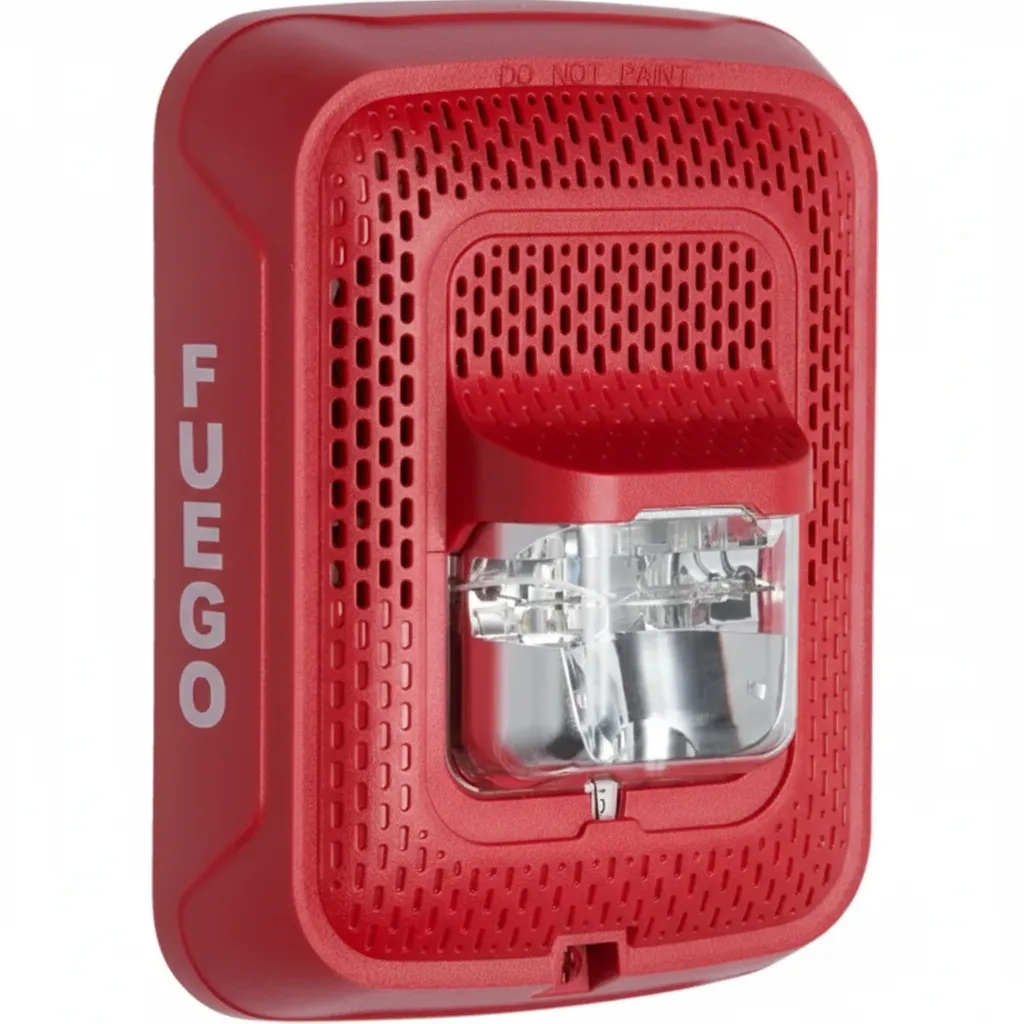 Altavoz con luz estroboscópica, rojo, montaje en pared, leyenda "FUEGO"